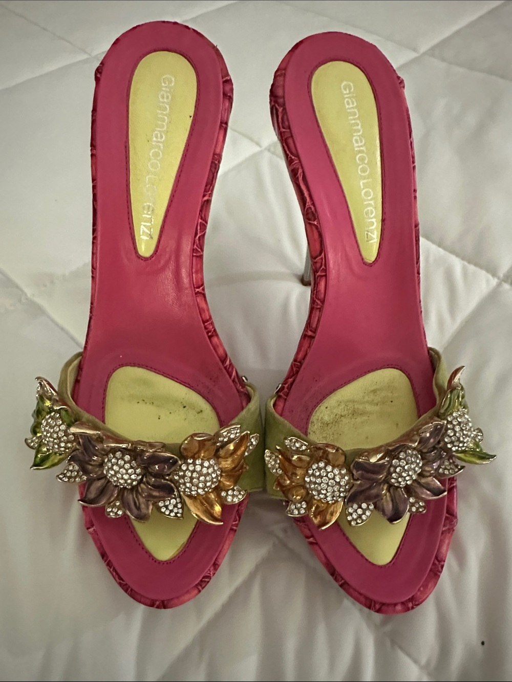 Gianmarco Lorenzi Pink and Lime Jeweled Floral Slide Sandals